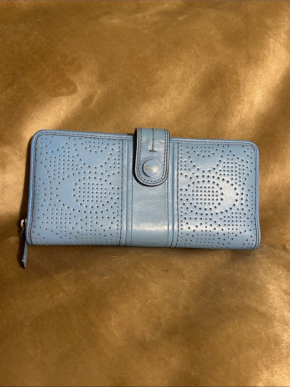 Coach Perforated Leather Zip Around Light Blue Wallet